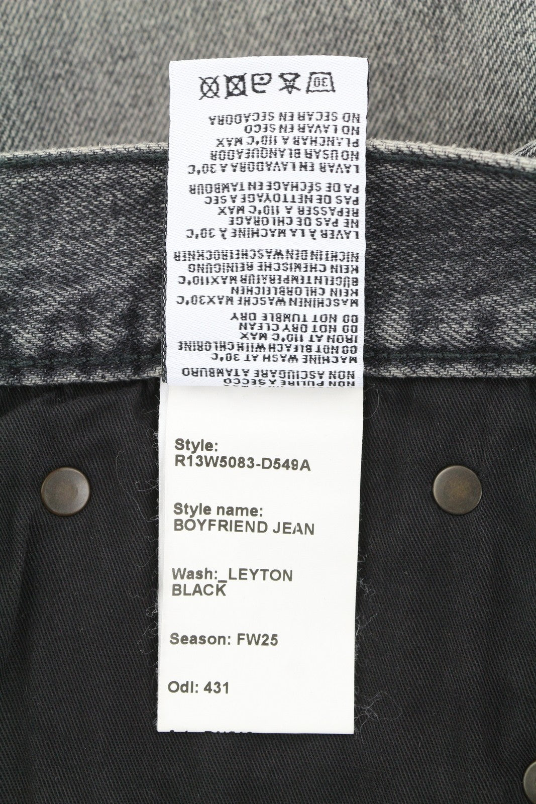 R13 Boyfriend Women Jeans 26 Leyton Black Faded Whiskers Cropped Zip Fly FW25