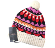 MAISON SCOTCH Women's Beanie OS Beige Knitted Pom Pom Colorful Pattern Hat