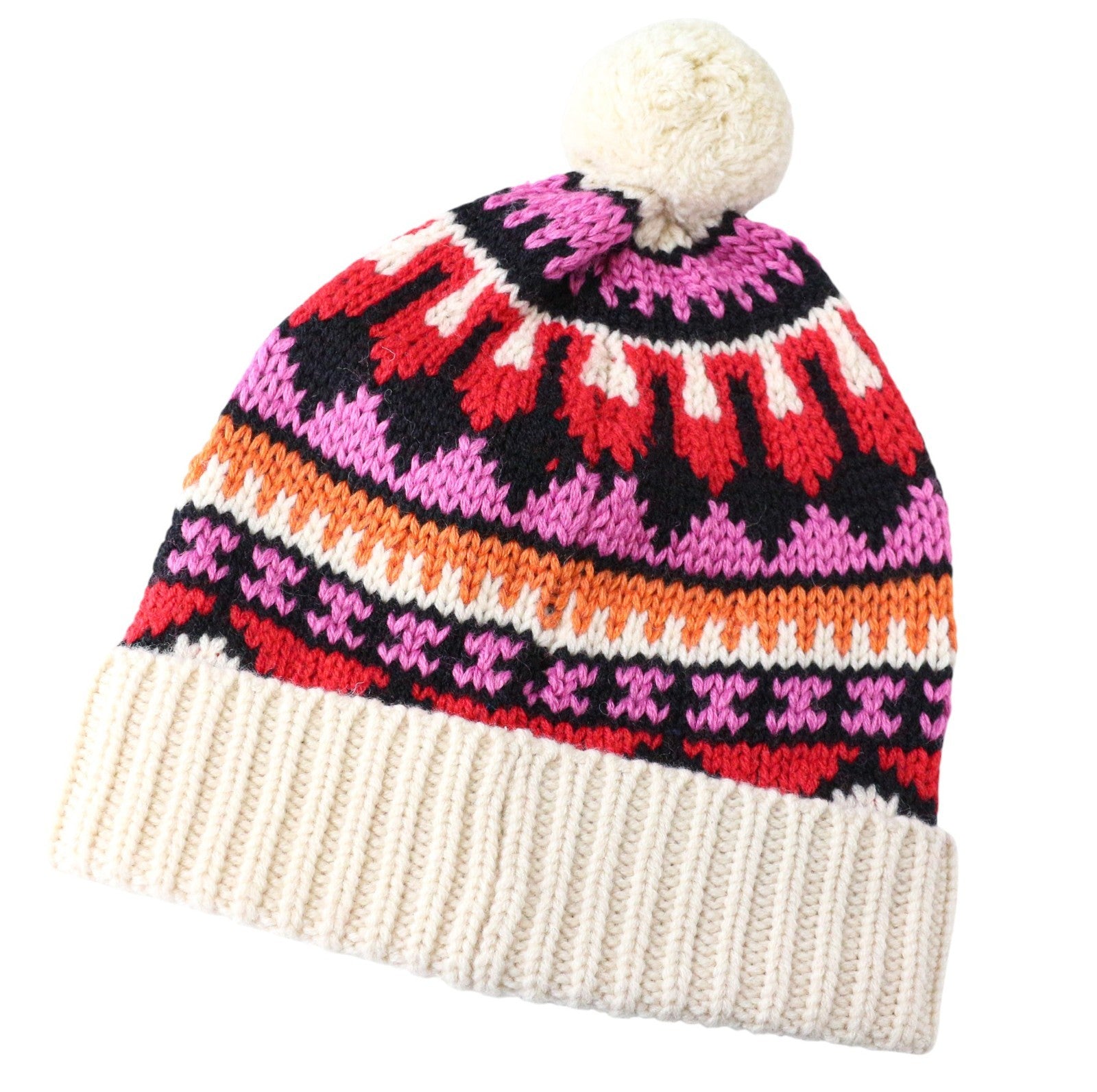 MAISON SCOTCH Women's Beanie OS Beige Knitted Pom Pom Colorful Pattern Hat