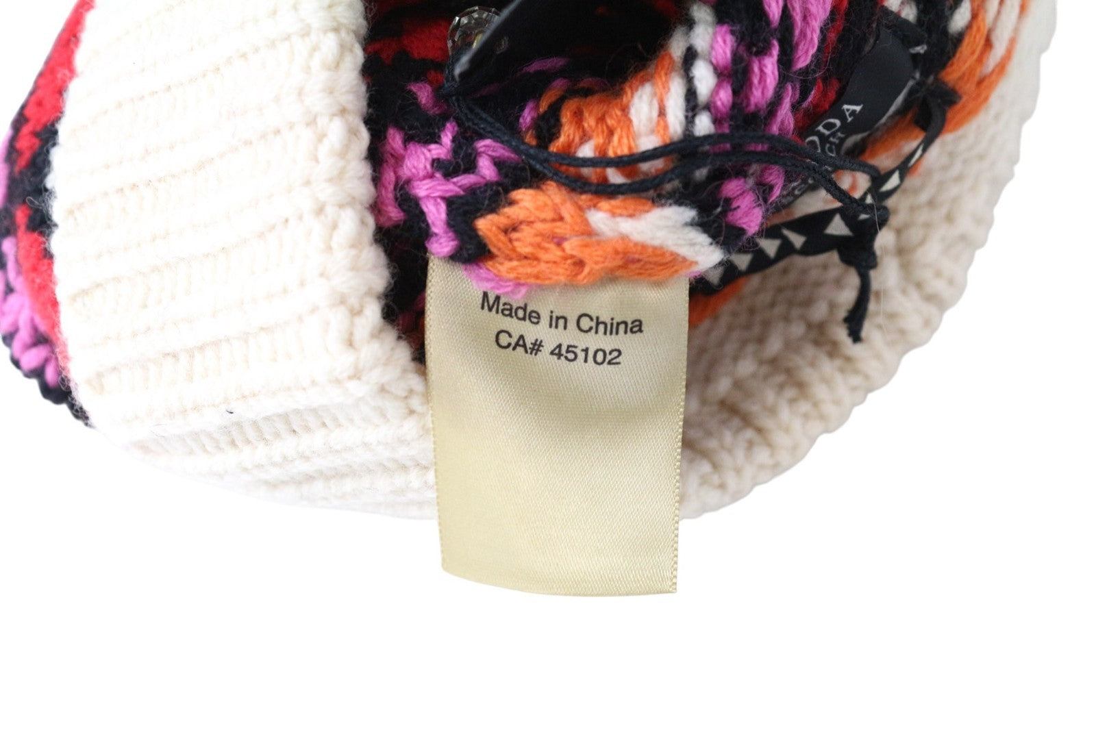 MAISON SCOTCH Women's Beanie OS Beige Knitted Pom Pom Colorful Pattern Hat