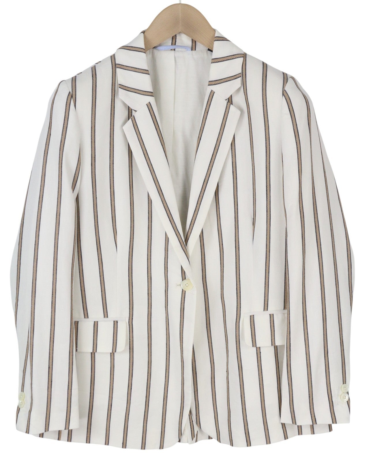 GANT Women Blazer EU36 Off-White Pinstriped Linen Blend Notch Lapel Button-Up