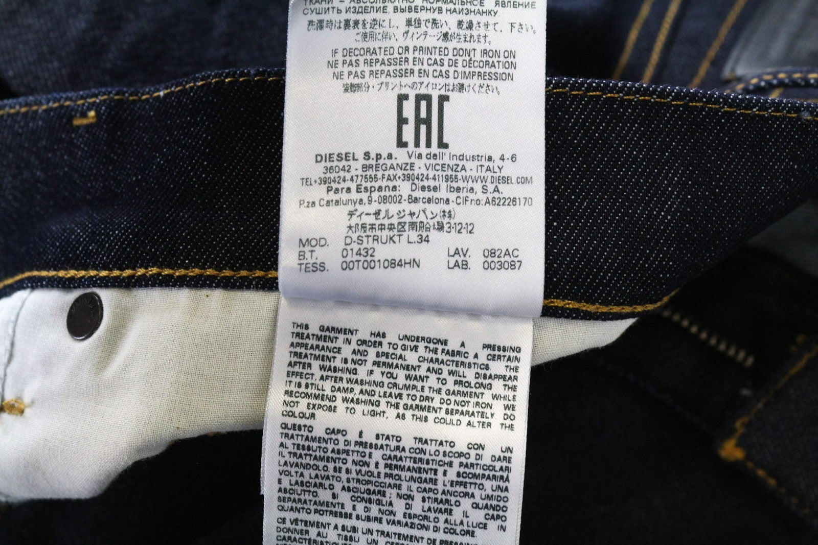 DIESEL D-Strukt 082AC Men's Jeans W34/L34 Dark Blue Cotton Stretch Tapered Fit