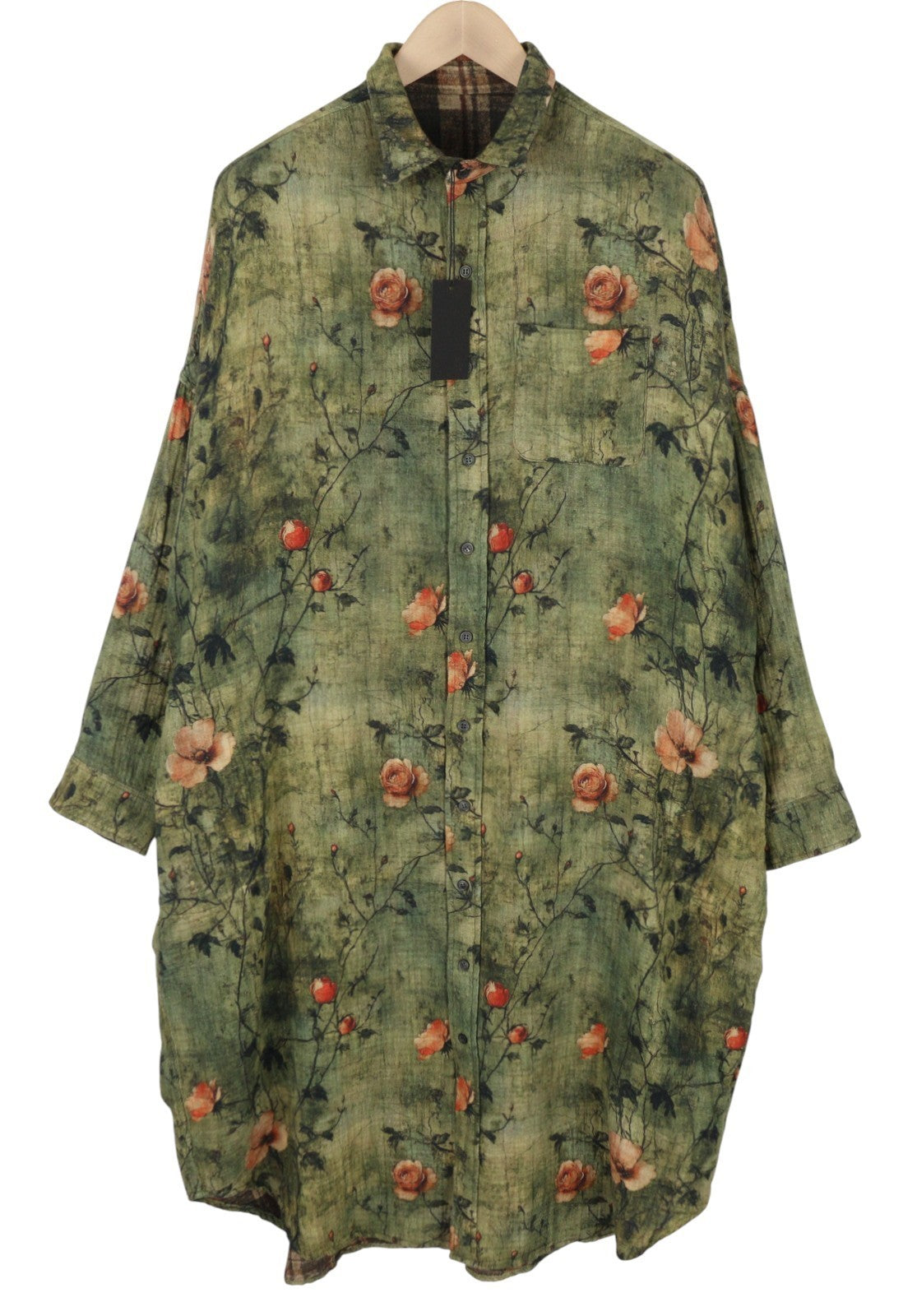 R13 dvipusė jumbo marškinių suknelė moterims M/L turkio spalvos gėlėta PF25 RRP899 