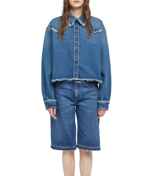 ALANUI Pacific Roads Cropped Denim Women Shirt S Blue Distressed Hems RRP815