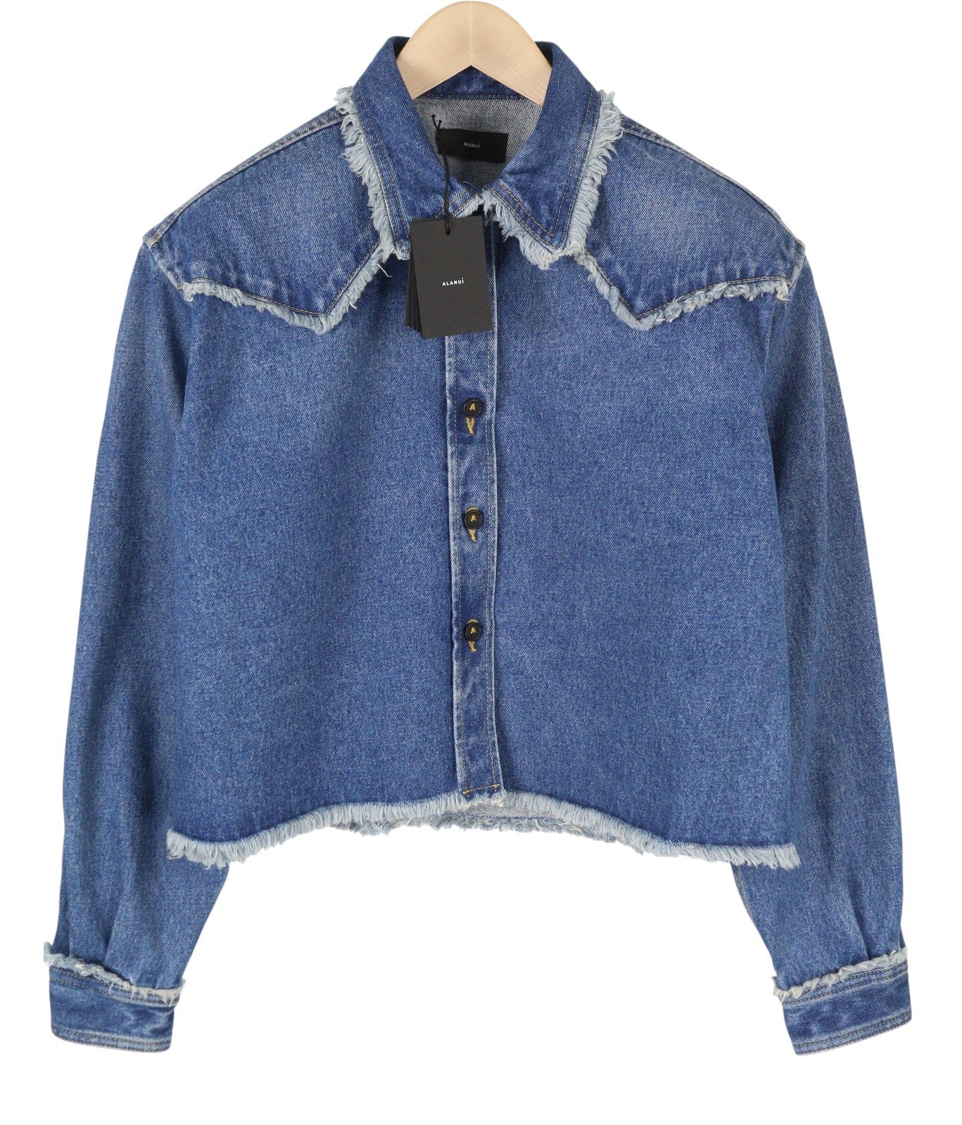 ALANUI Pacific Roads Cropped Denim Women Shirt S Blue Distressed Hems RRP815