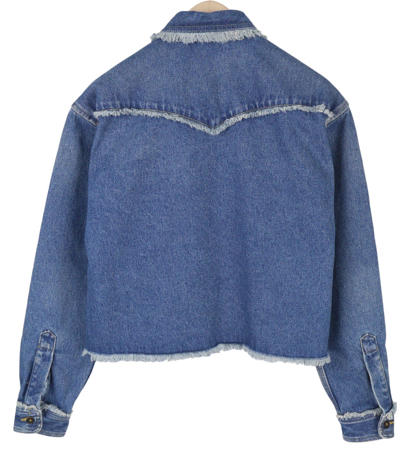 ALANUI Pacific Roads Cropped Denim Women Shirt S Blue Distressed Hems RRP815