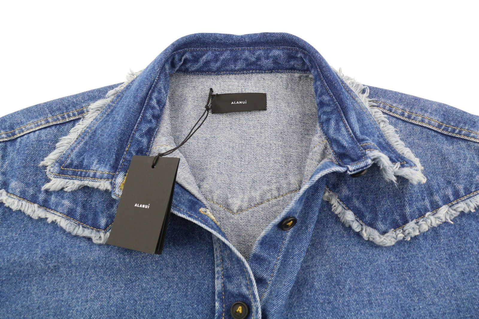 ALANUI Pacific Roads Cropped Denim Women Shirt S Blue Distressed Hems RRP815