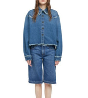 ALANUI Pacific Roads Cropped Denim Women Shirt M Blue Distressed Hems RRP815