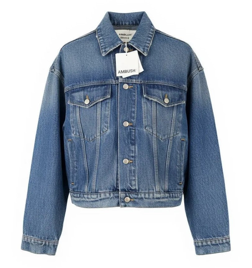 AMBUSH Cropped Denim Women Jacket S Blue Faded Button Aged Look Oversize Trucker