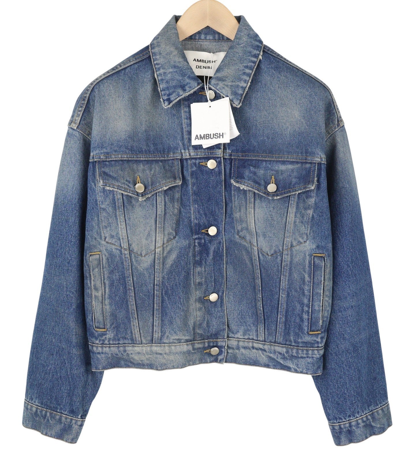 AMBUSH Cropped Denim Women Jacket S Blue Faded Button Aged Look Oversize Trucker