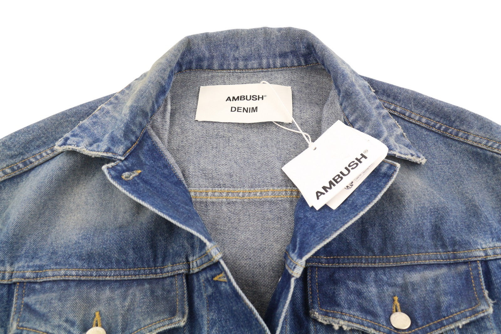 AMBUSH Cropped Denim Women Jacket S Blue Faded Button Aged Look Oversize Trucker