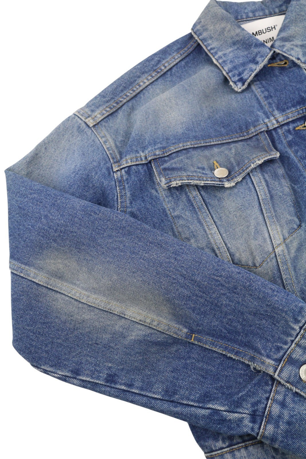 AMBUSH Cropped Denim Women Jacket S Blue Faded Button Aged Look Oversize Trucker