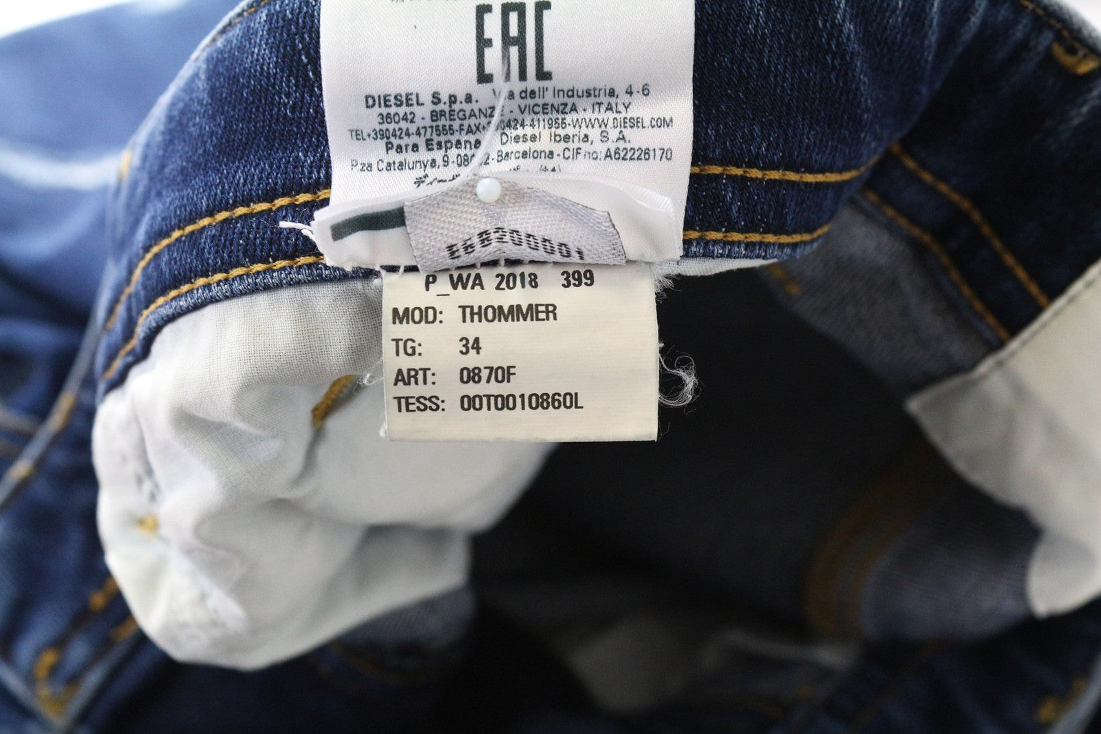 DIESEL Thommer 0870F Men's Jeans W34 Blue Distressed Slim Fit Cotton Stretch