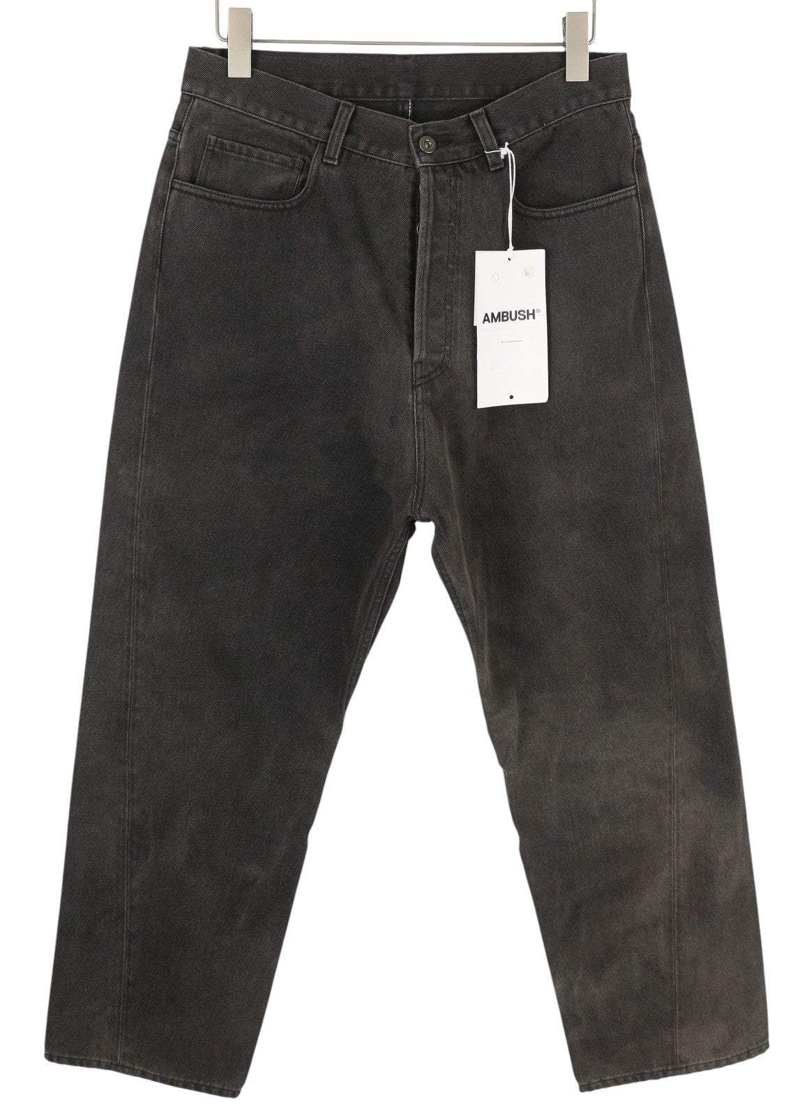 AMBUSH Men Jeans W31 Black Faded Cropped Asymmetrical Seams Button Fly Denim
