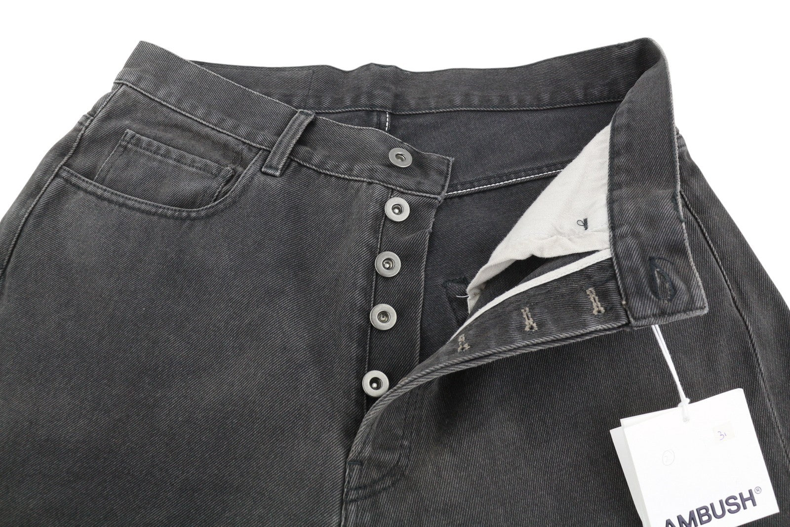 AMBUSH Men Jeans W31 Black Faded Cropped Asymmetrical Seams Button Fly Denim
