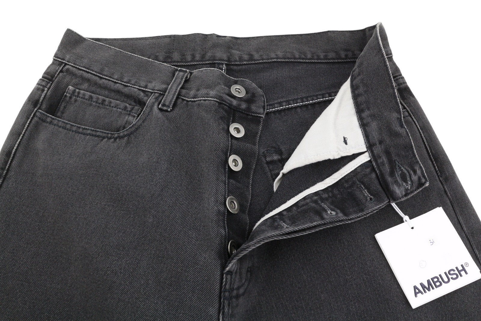 AMBUSH Men Jeans W31 Denim Black Relaxed Fit Button Fly 5-Pockets Design Logo