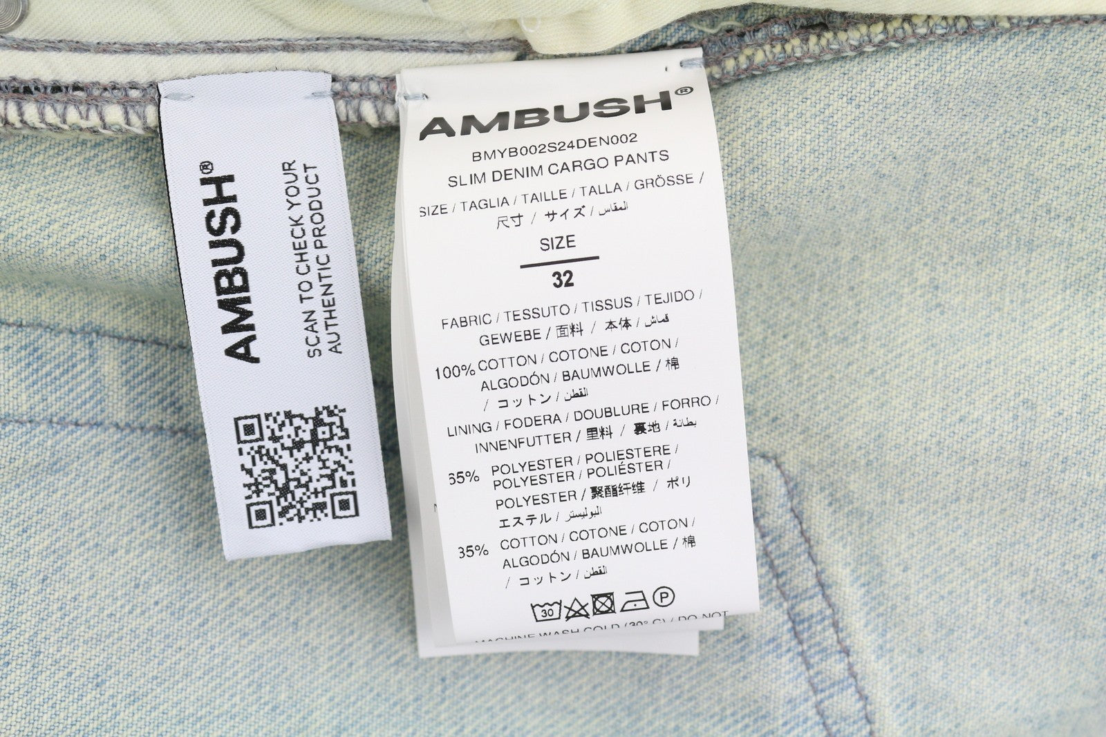 AMBUSH Slim Denim Cargo Men Jeans W32 Light Blue Faded Distress Regular RRP920