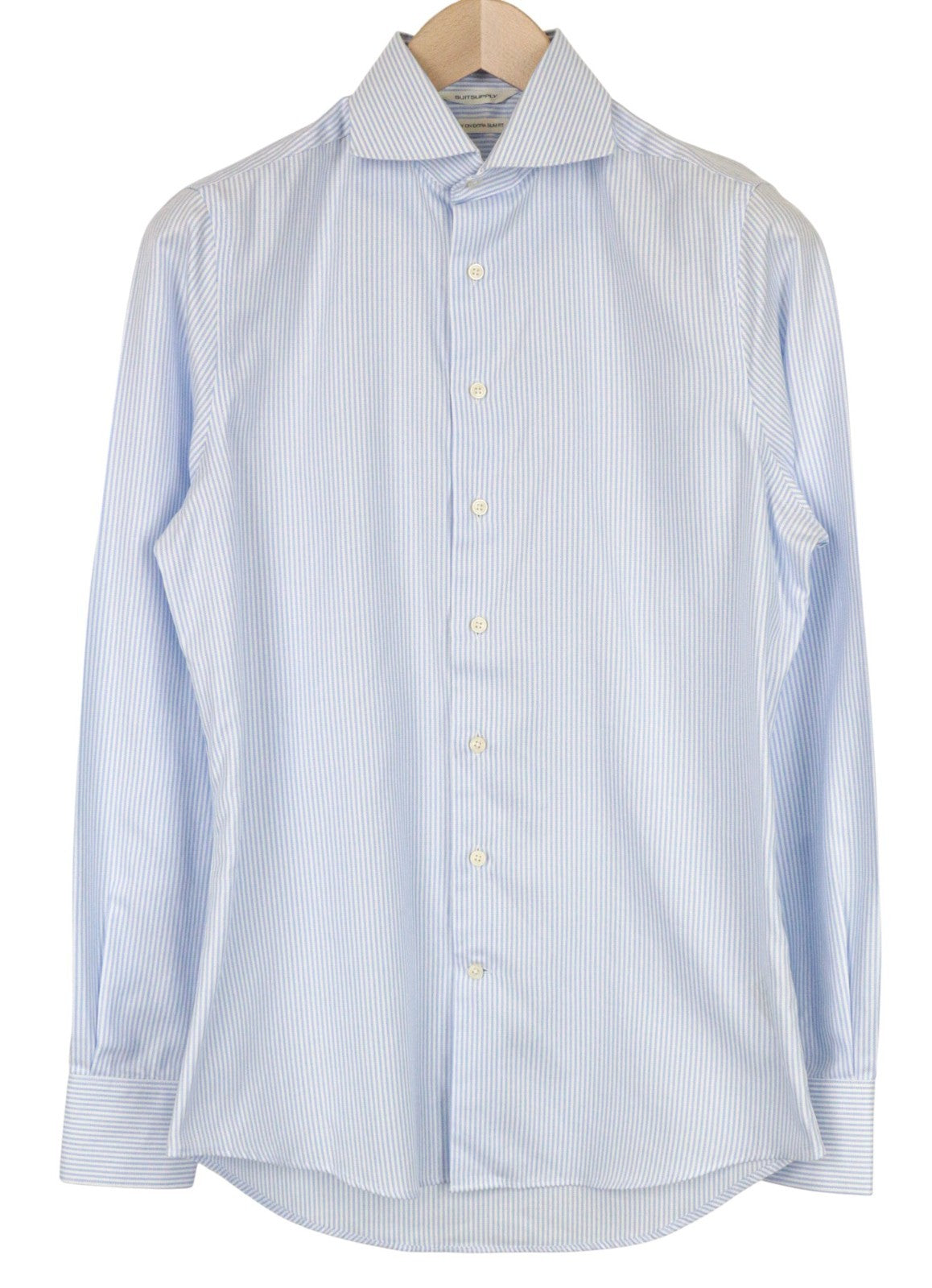 SUITSUPPLY Men's Formal Shirt 37/14 1/2 Striped Blue Slim Pure Cotton Long