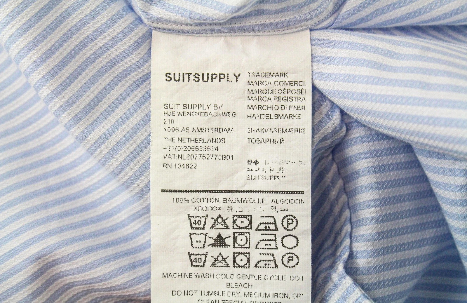 SUITSUPPLY Men's Formal Shirt 37/14 1/2 Blue Striped Slim Fit Pure Cotton Long