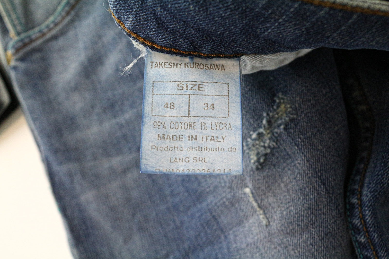 TAKESHY KUROSAWA Men's Jeans W34 Slim Blue Washed Stretch Cotton Casual