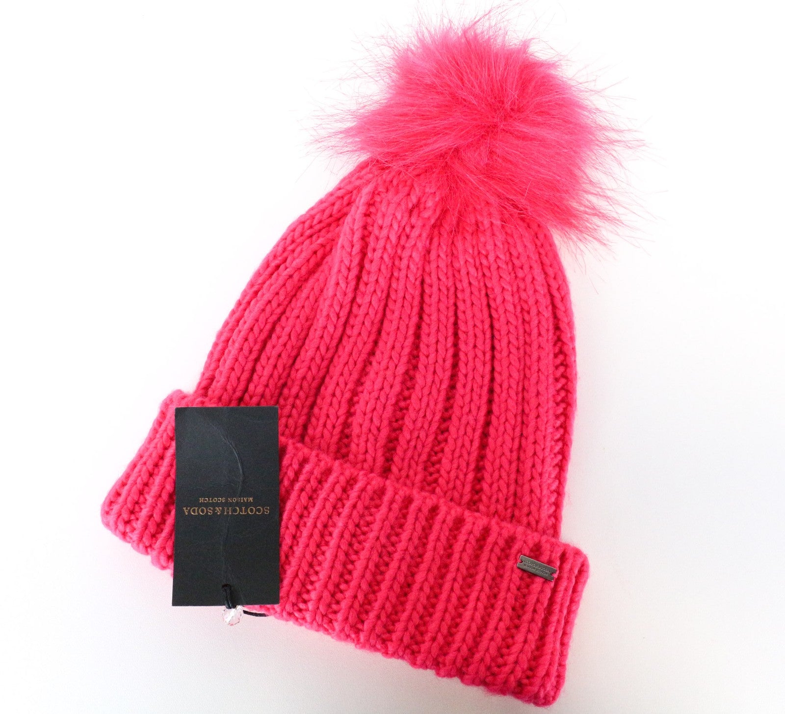 MAISON SCOTCH Women's Bright Neon Pink Pom Pom Beanie Hat OS Knit