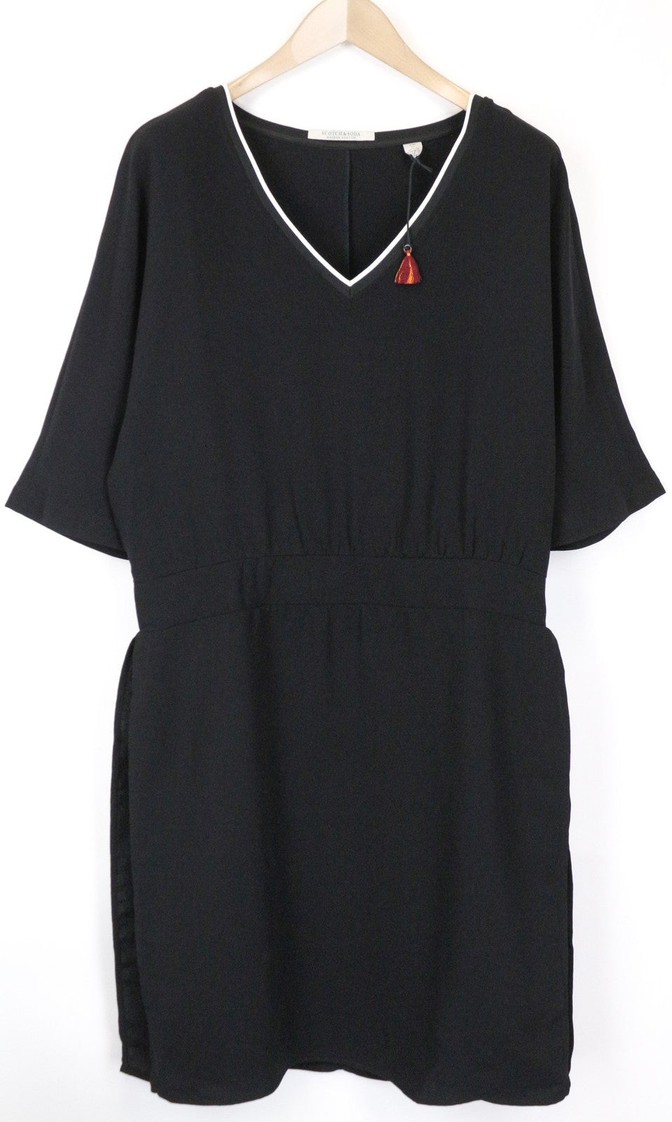 MAISON SCOTCH Women's Black XL Short Sleeve Elastic Waist V-Neck Dress