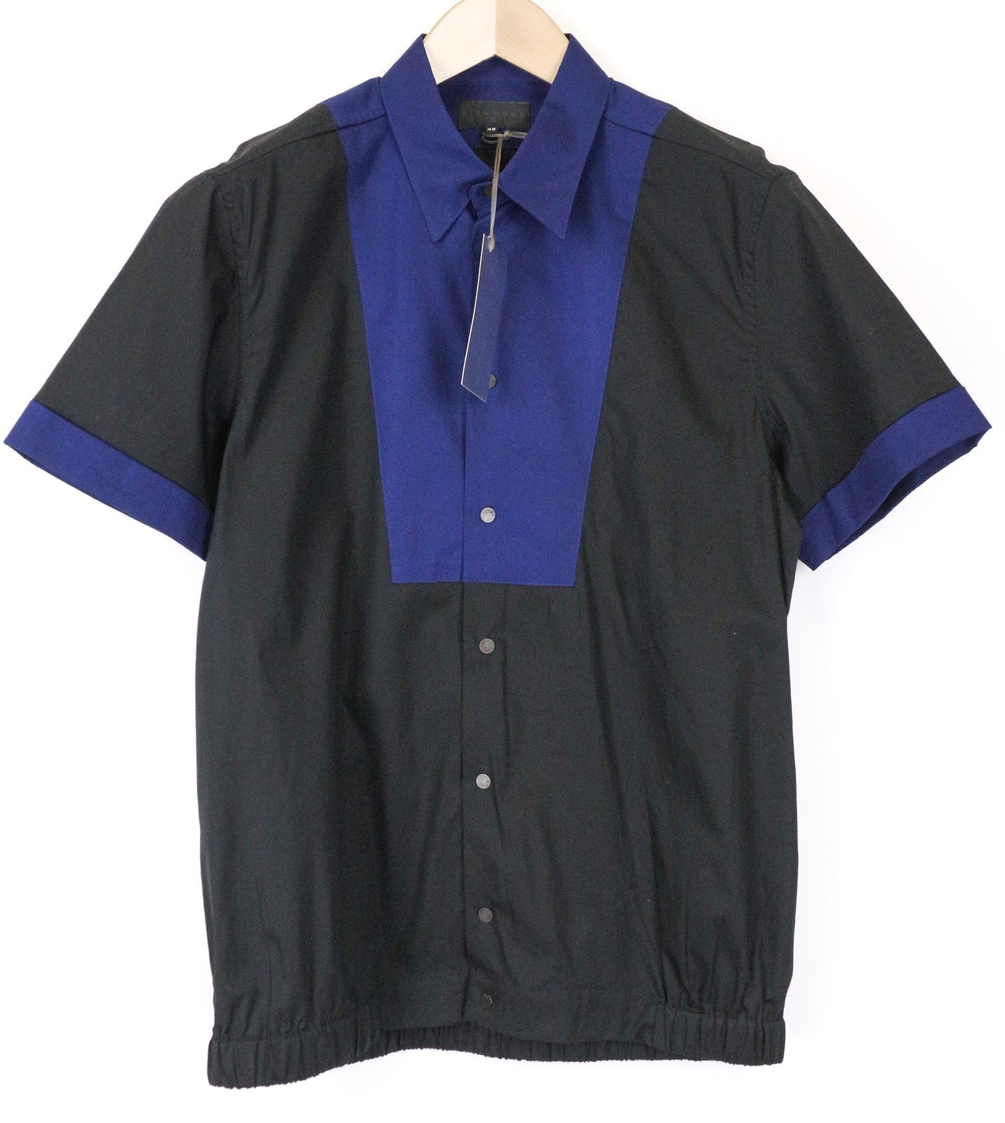 RICHMOND Men's Shirt 48 Blue Black Stretch Cotton Short Sleeve Buttoned
