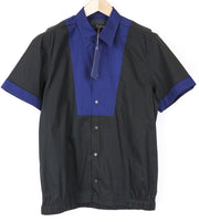 RICHMOND Men's Shirt 48 Blue Black Stretch Cotton Short Sleeve Buttoned