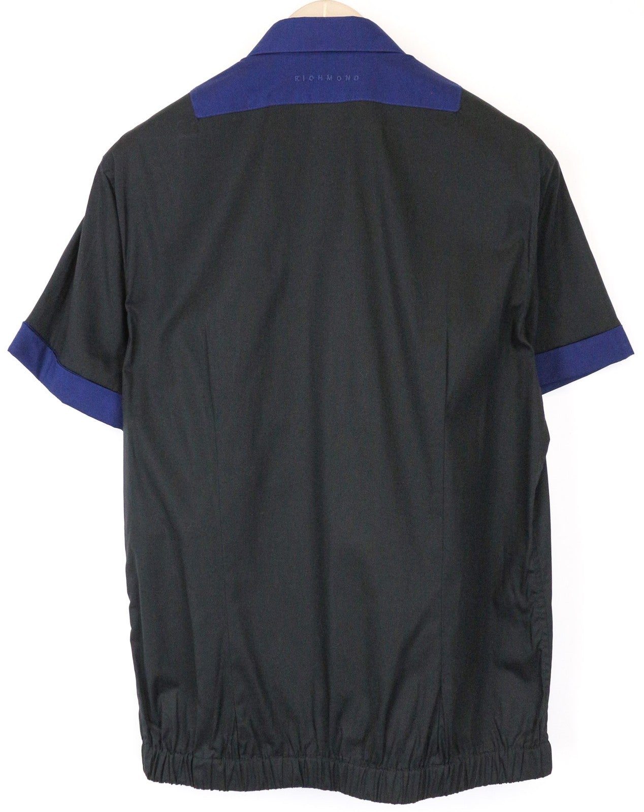RICHMOND Men's Shirt 48 Blue Black Stretch Cotton Short Sleeve Buttoned