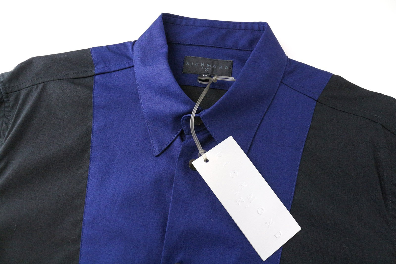 RICHMOND Men's Shirt 48 Blue Black Stretch Cotton Short Sleeve Buttoned