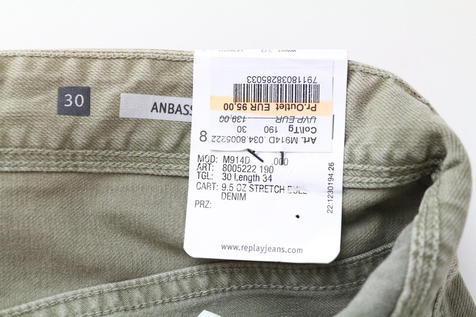 REPLAY Anbass Men's Light Brown Slim W30/L34 Cotton Stretch Plain Jeans