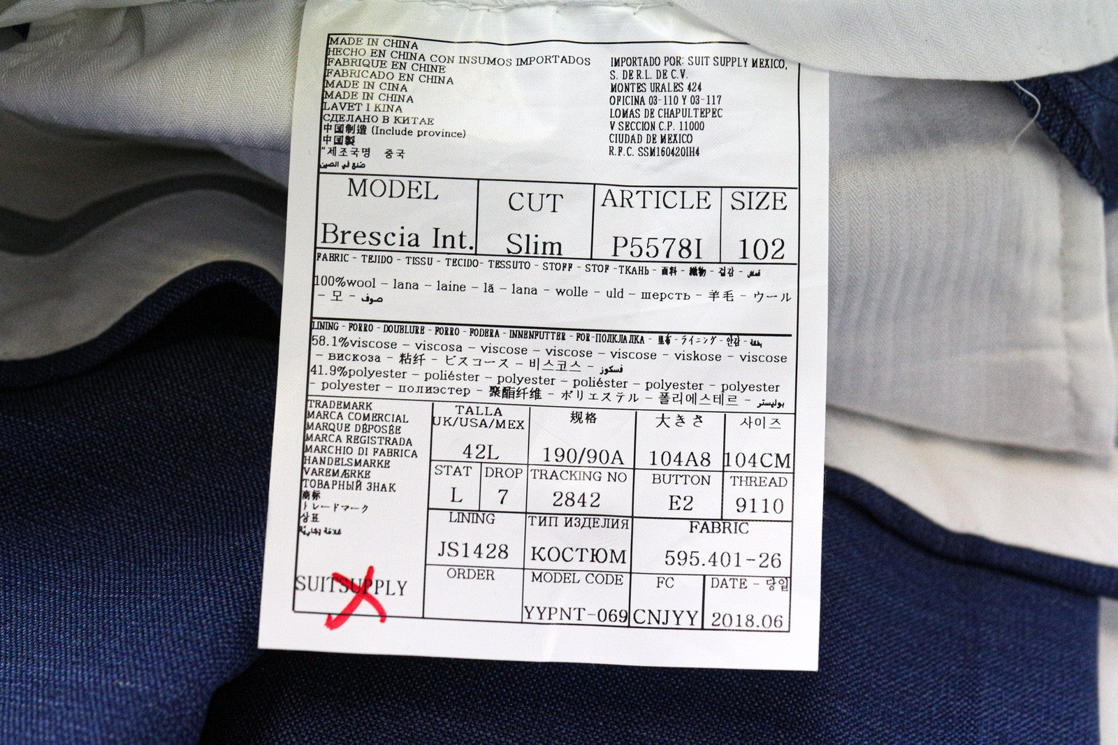 SUITSUPPLY Brescia Men's Slim UK42L Blue Wool Pleated Formal Lined Trousers