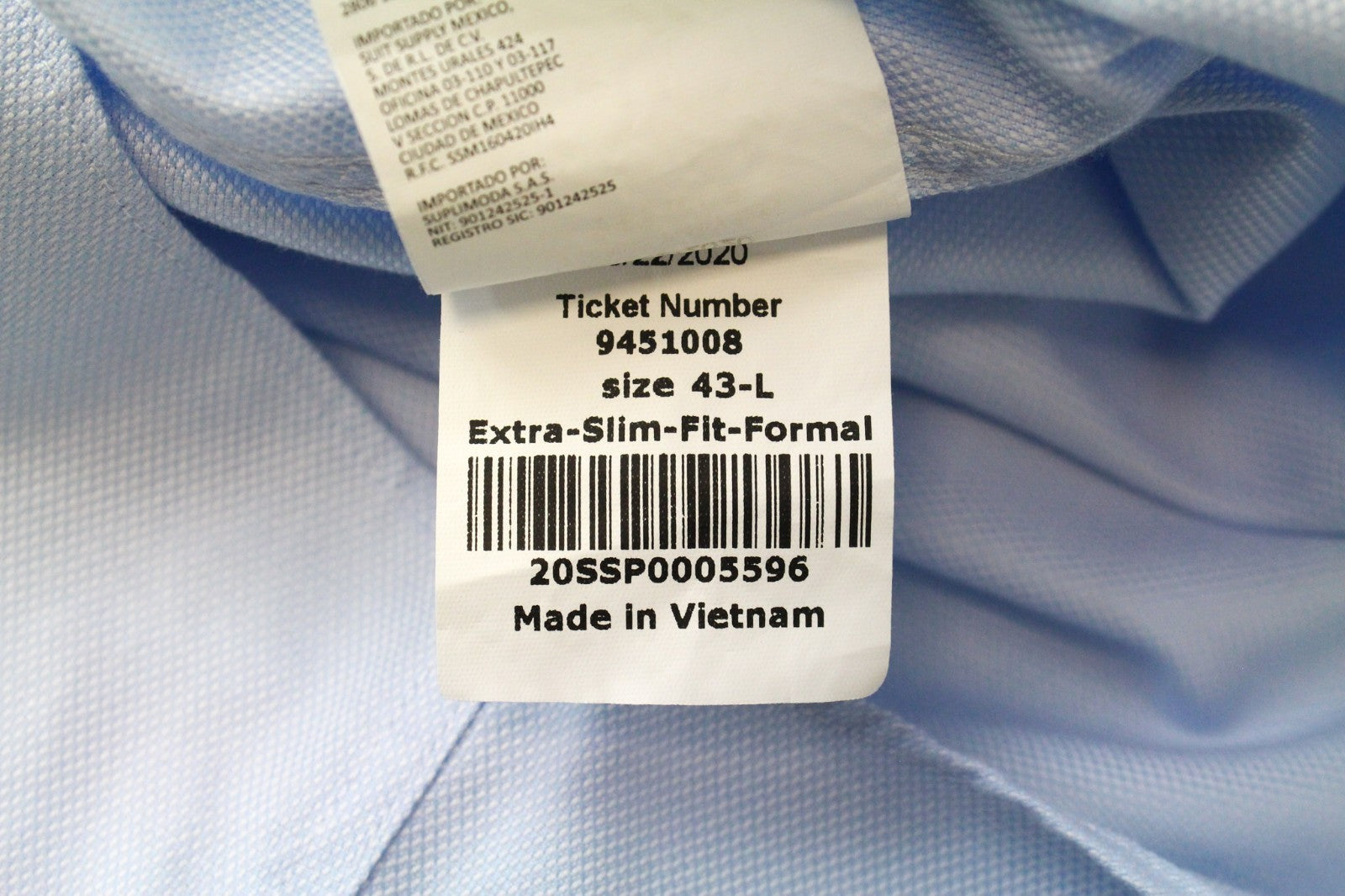 SUITSUPPLY Men's Formal Shirt 43L Light Blue Classic Cut Extra Slim Pure Cotton