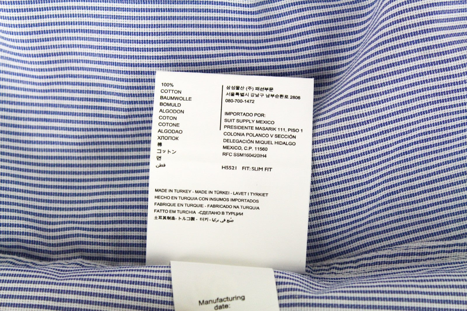 SUITSUPPLY Men's Formal Shirt 39/15 1/2 Blue Striped Egyptian Cotton Slim Cut