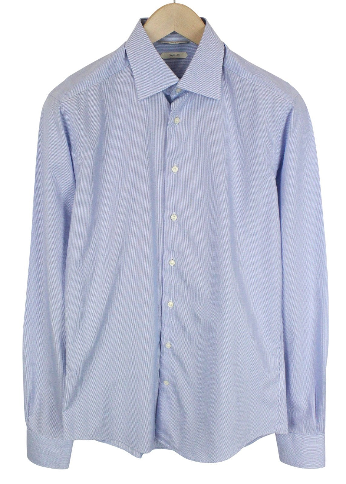 SUITSUPPLY Men's Formal Shirt 38.7/15L Traveller Blue Striped Long Slim Cotton