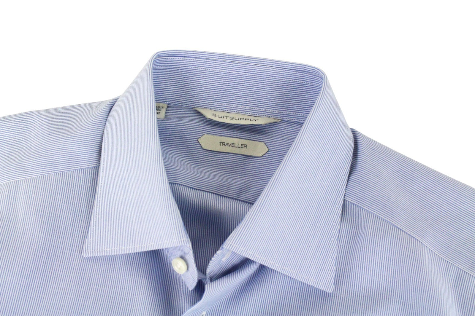 SUITSUPPLY Men's Formal Shirt 38.7/15L Traveller Blue Striped Long Slim Cotton