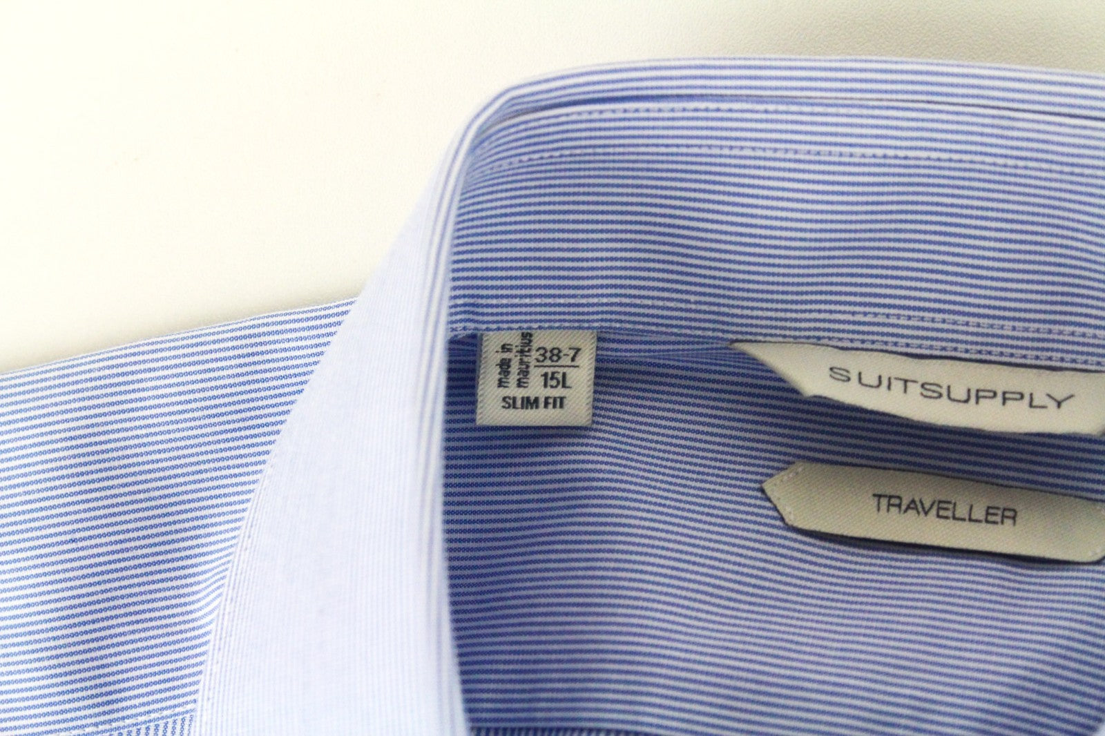 SUITSUPPLY Men's Formal Shirt 38.7/15L Traveller Blue Striped Long Slim Cotton