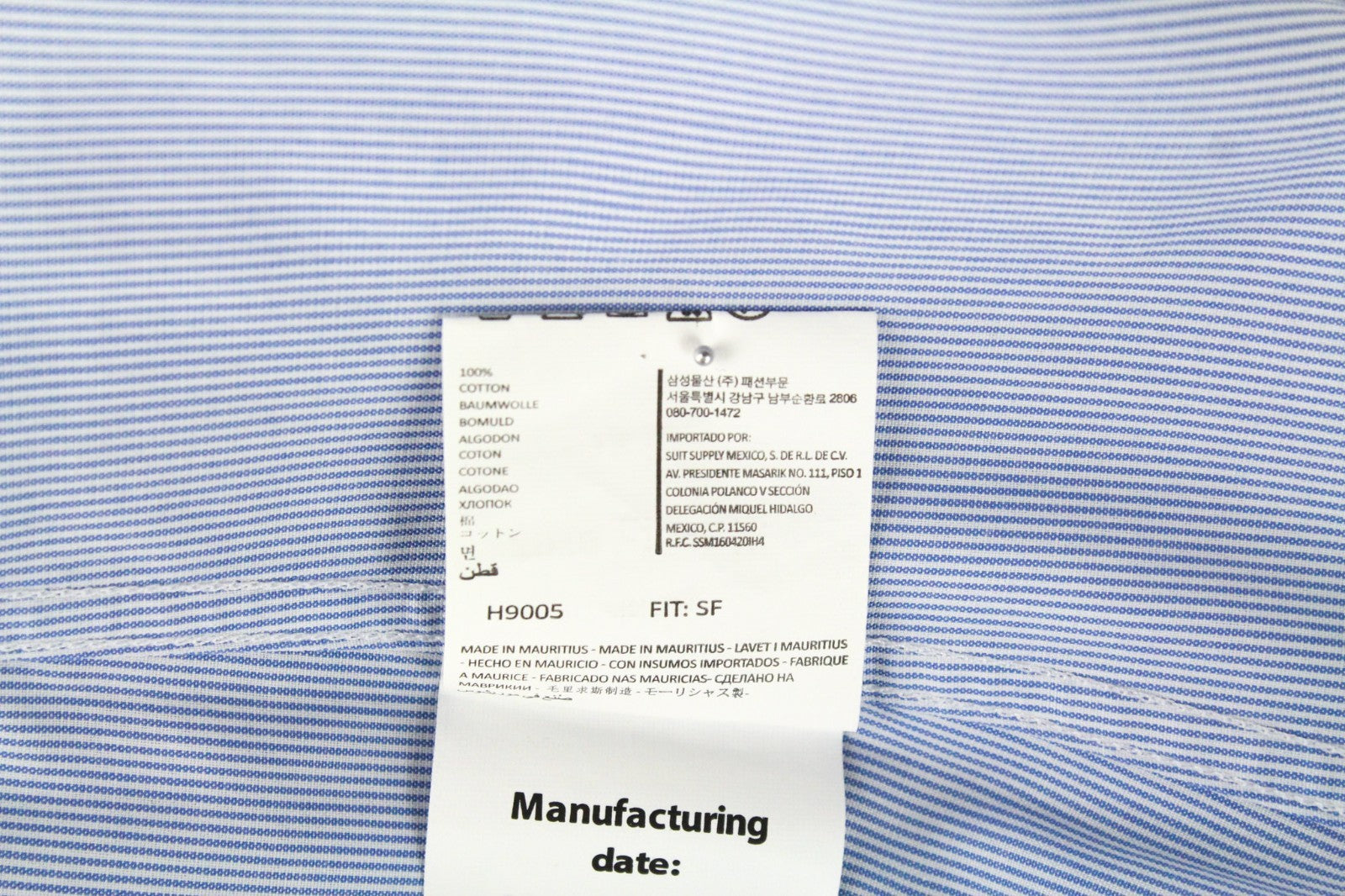 SUITSUPPLY Men's Formal Shirt 38.7/15L Traveller Blue Striped Long Slim Cotton