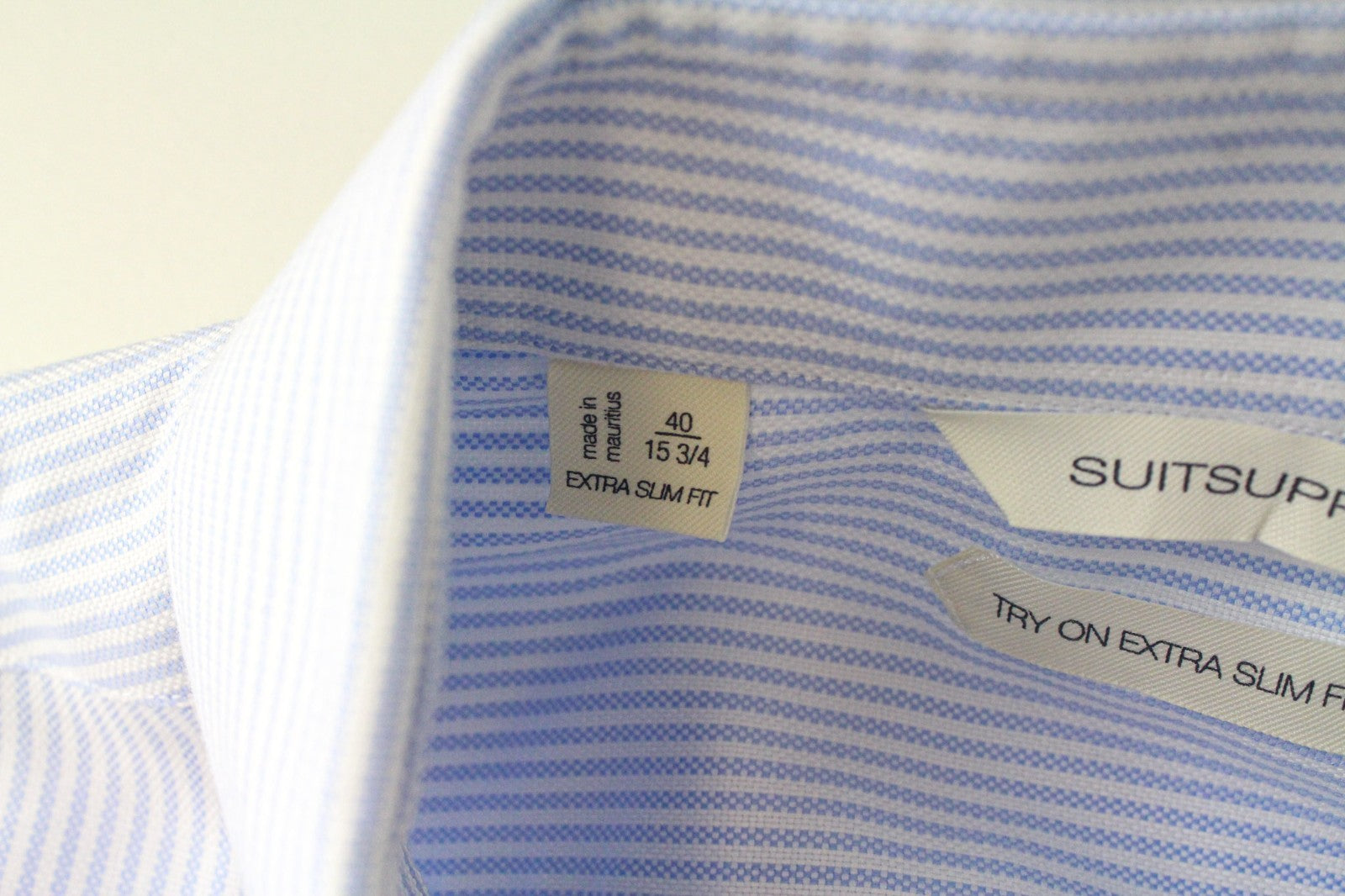 SUITSUPPLY Men's Formal Shirt 40/15 3/4 Light Blue Striped Try On Extra Slim Fit