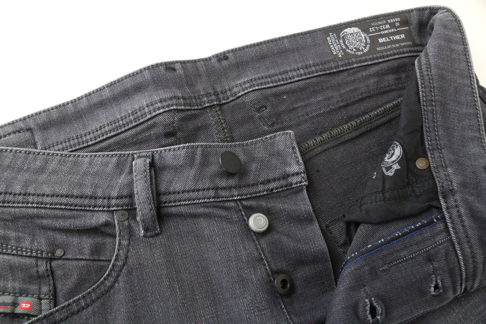 DIESEL Belther 0859X Men's Jeans W32/L32 Slim Tapered Grey Cotton Stretch Fit