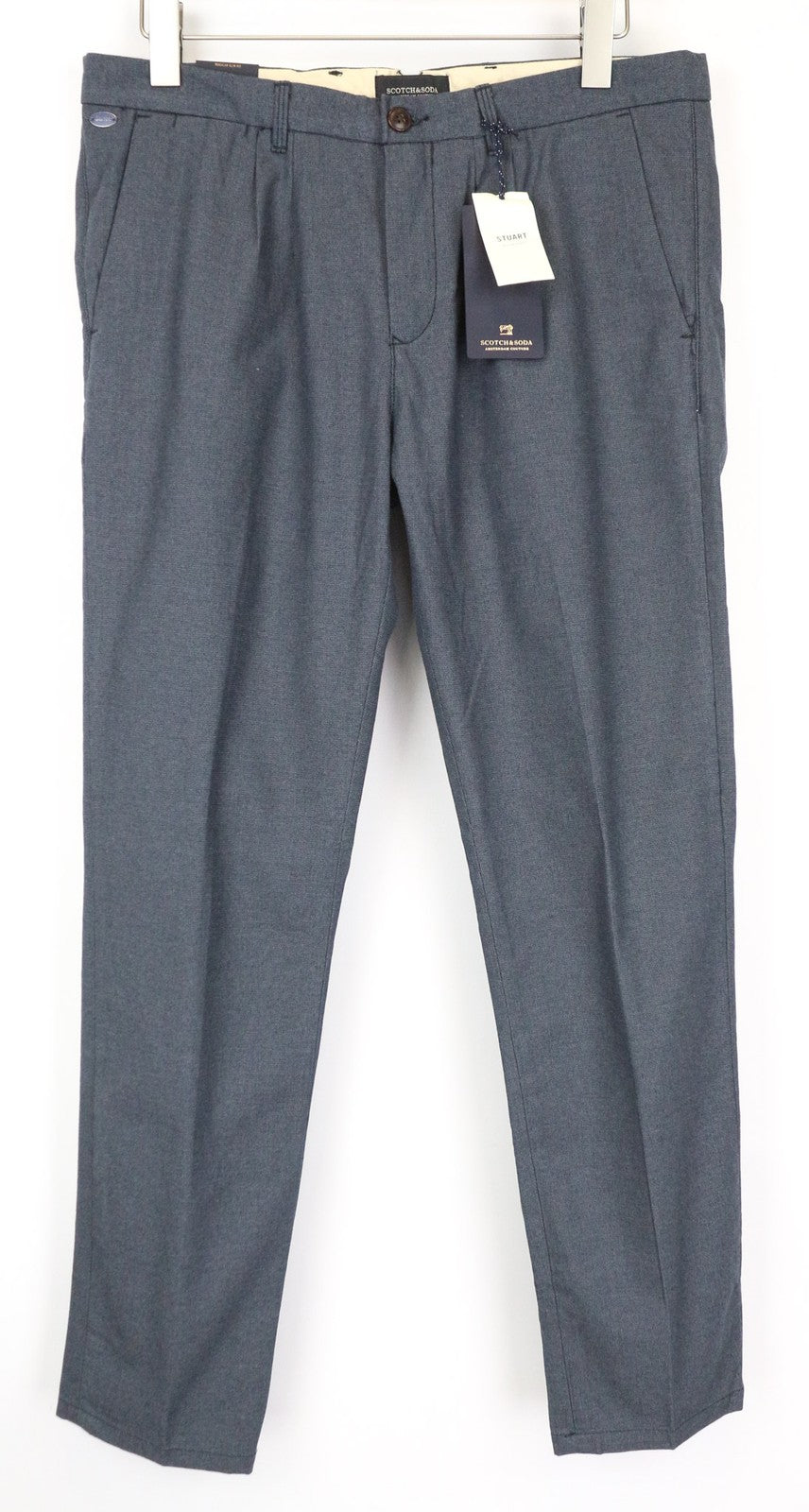 SCOTCH & SODA Stuart Men's Trousers W32/L32 Blue Slim Pleated Cotton Pants