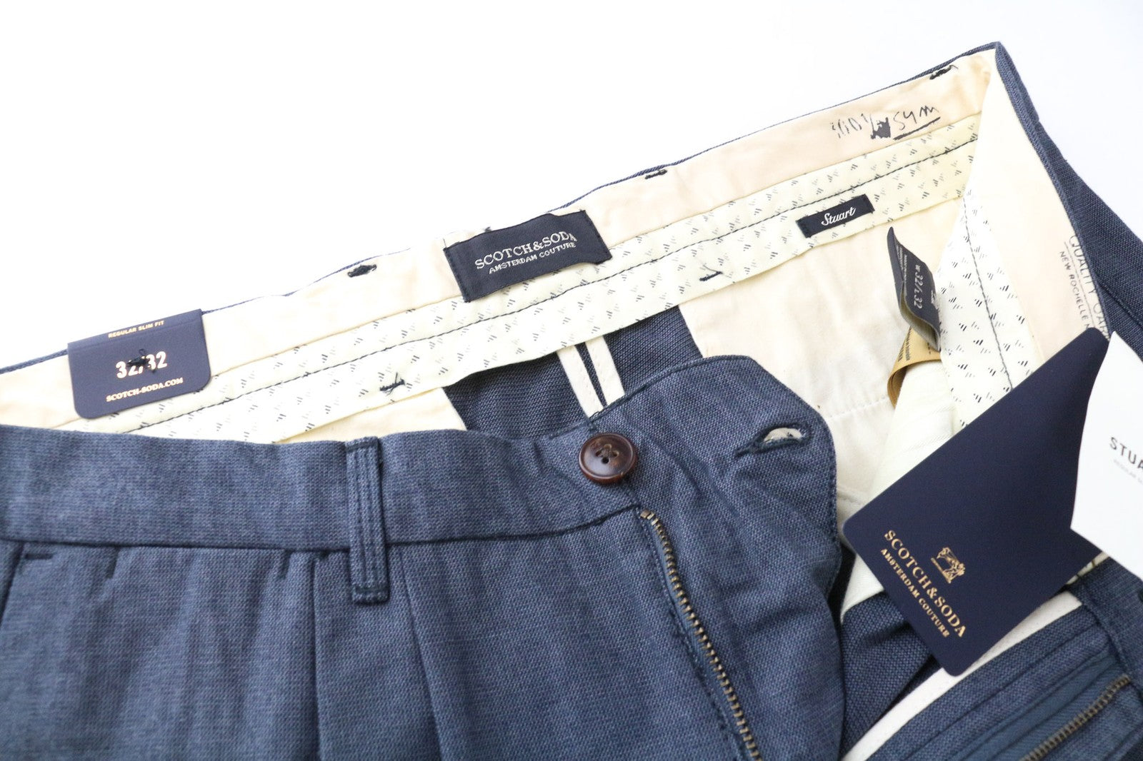 SCOTCH & SODA Stuart Men's Trousers W32/L32 Blue Slim Pleated Cotton Pants