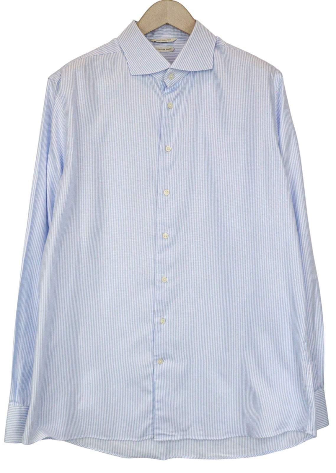 SUITSUPPLY Men's Formal Shirt 46/18 Blue Striped Cotton Long Sleeve Extra Slim