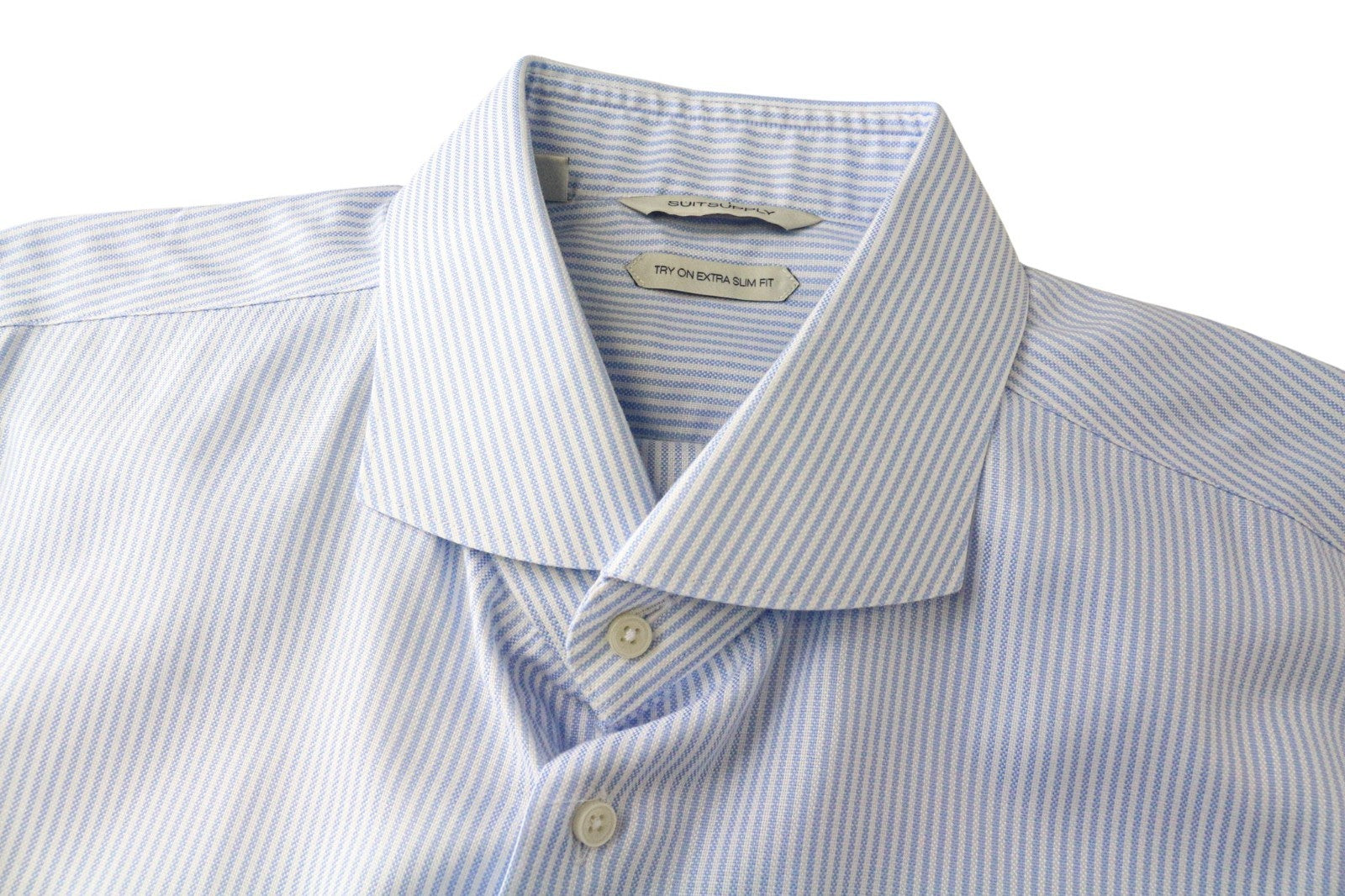 SUITSUPPLY Men's Formal Shirt 46/18 Blue Striped Cotton Long Sleeve Extra Slim