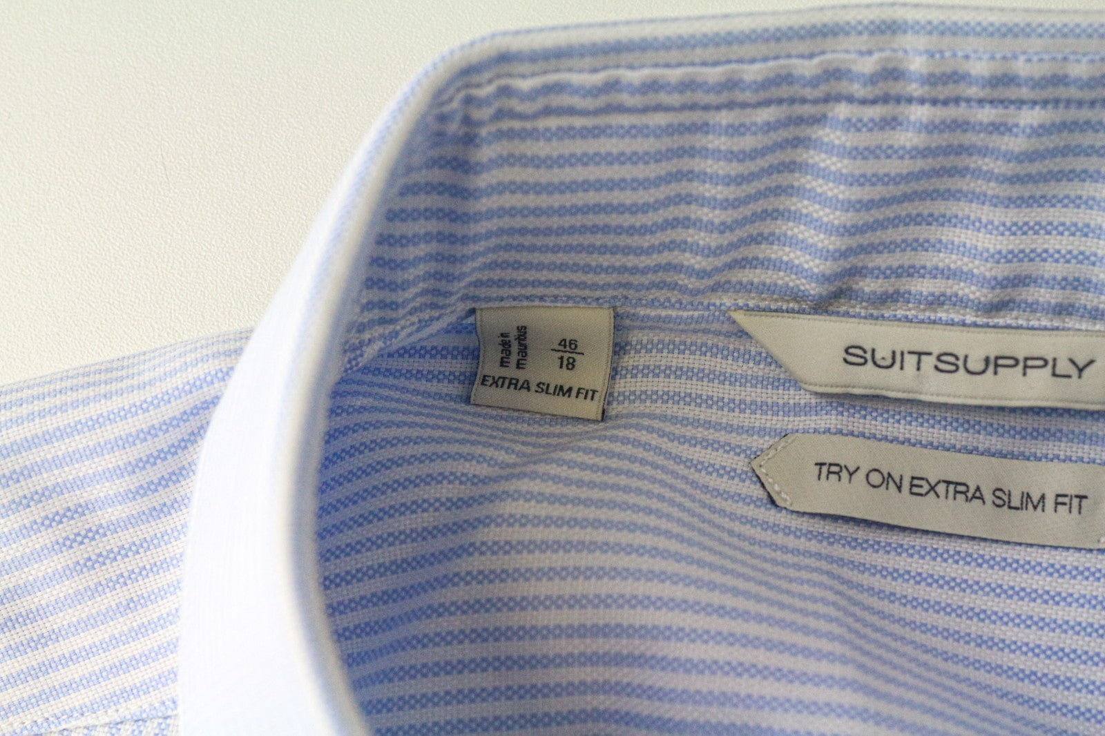 SUITSUPPLY Men's Formal Shirt 46/18 Blue Striped Cotton Long Sleeve Extra Slim