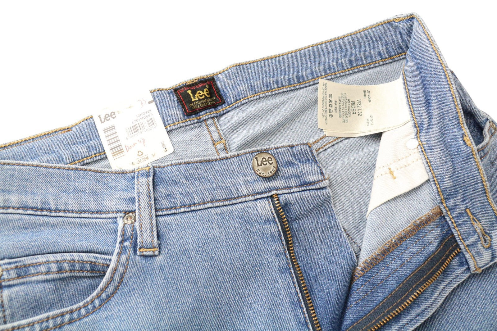 LEE Rider Men's Jeans W32/L32 Light Blue Slim Cotton Stretch 5-Pocket Denim