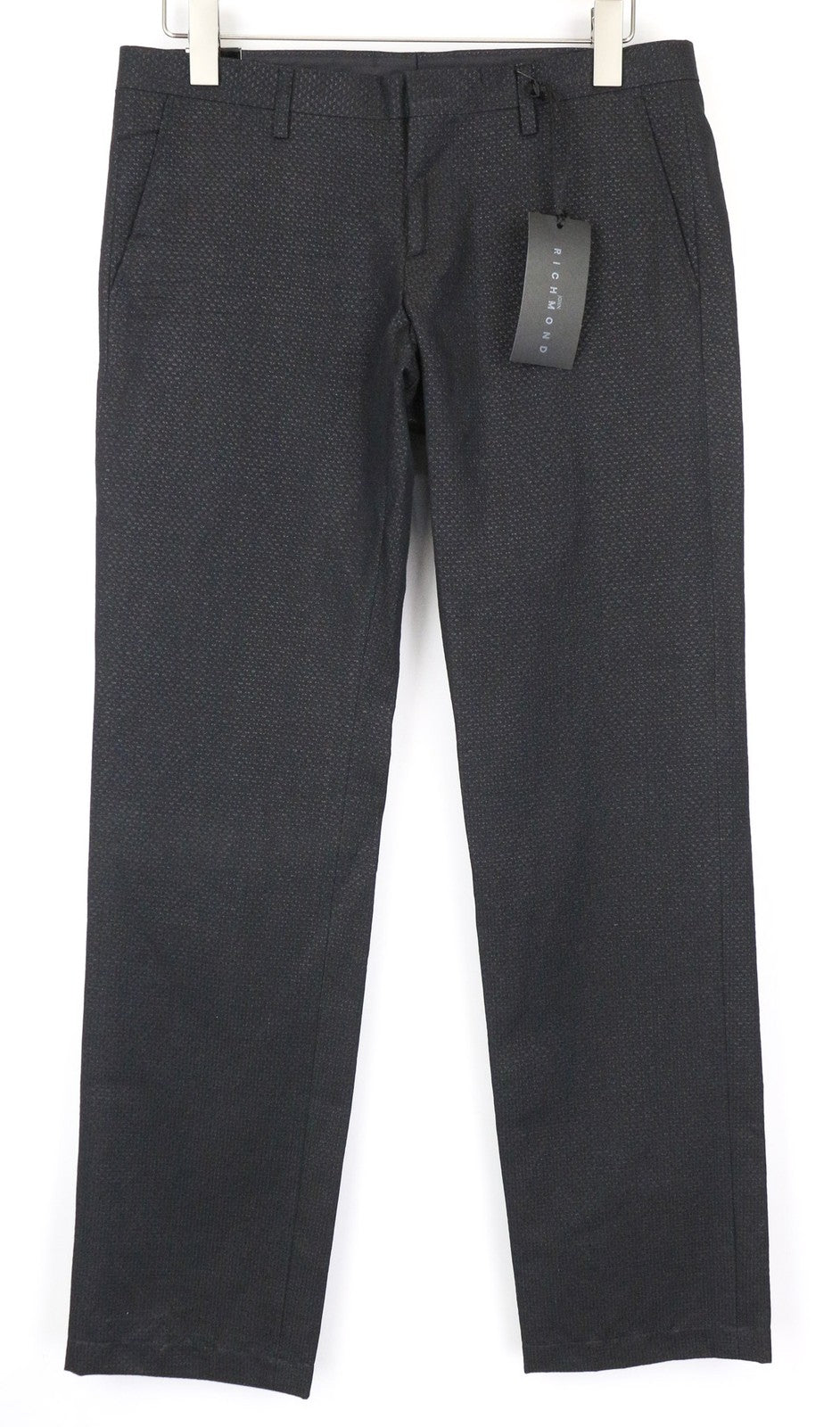 JOHN RICHMOND Men's Trousers UK46 Black Cotton Blend Flat Front Shiny Thread