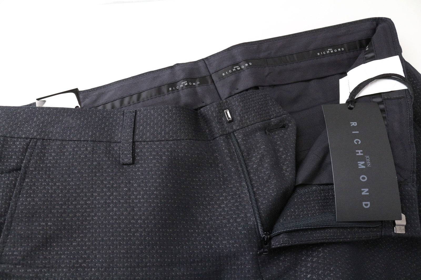 JOHN RICHMOND Men's Trousers UK46 Black Cotton Blend Flat Front Shiny Thread