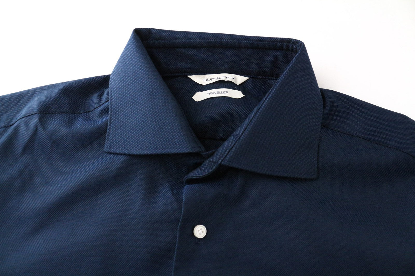 SUITSUPPLY Men's Formal Shirt 43L Marine Blue Melange Extra Slim Traveller