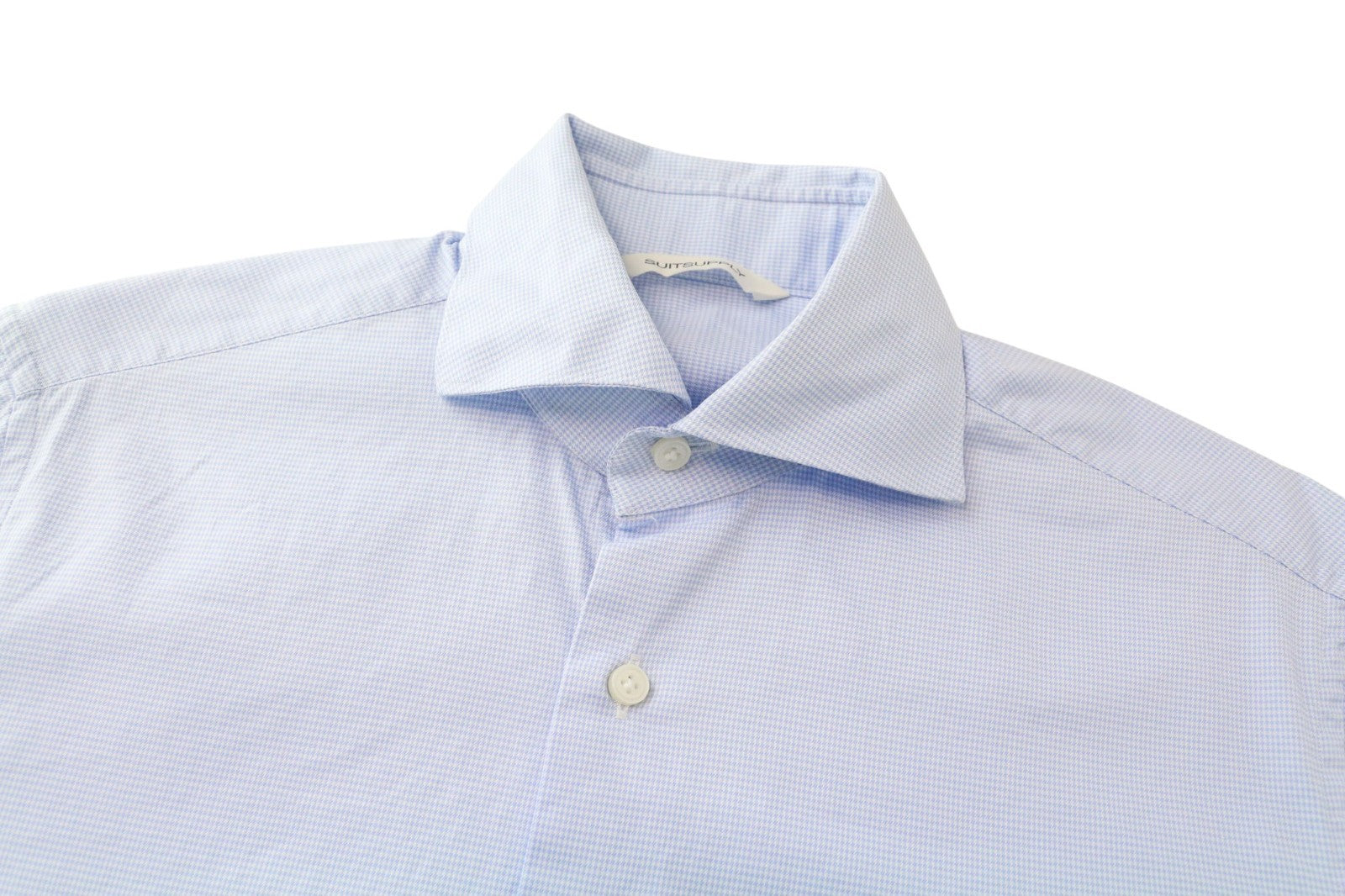 SUITSUPPLY Men's Formal Shirt ~2XS Blue Houndstooth Slim Cotton Melange